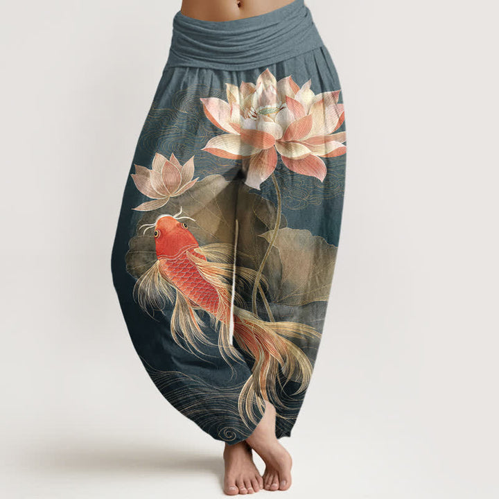 Buddha Stones Elegante Haremshose aus Baumwolle mit goldenem Koi-Fisch- und Lotusmuster sowie elastischem Bund. - Türkis - US16, UK/AU20, EU48 (3XL) - image 0