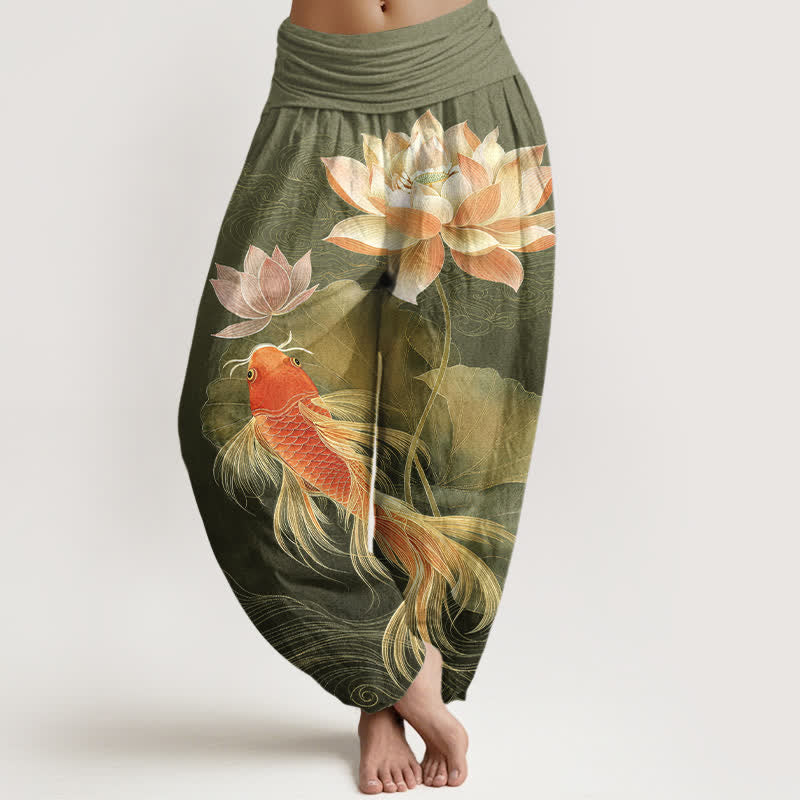 Buddha Stones Elegante Haremshose aus Baumwolle mit goldenem Koi-Fisch- und Lotusmuster sowie elastischem Bund. - Olive - US16, UK/AU20, EU48 (3XL) - image 5