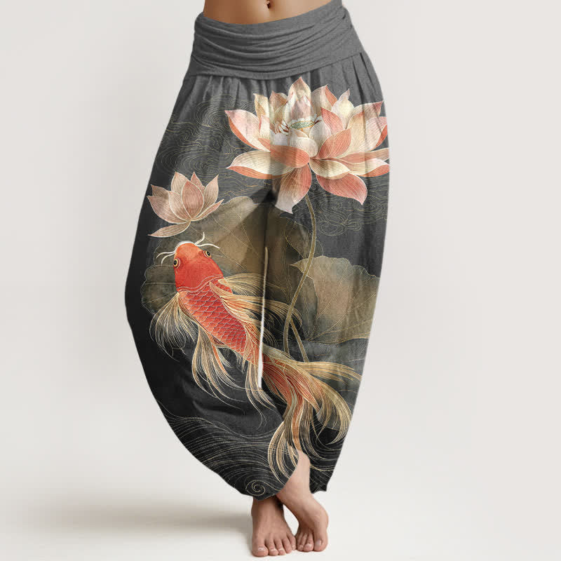 Buddha Stones Elegante Haremshose aus Baumwolle mit goldenem Koi-Fisch- und Lotusmuster sowie elastischem Bund. - DimGray - US16, UK/AU20, EU48 (3XL) - image 8