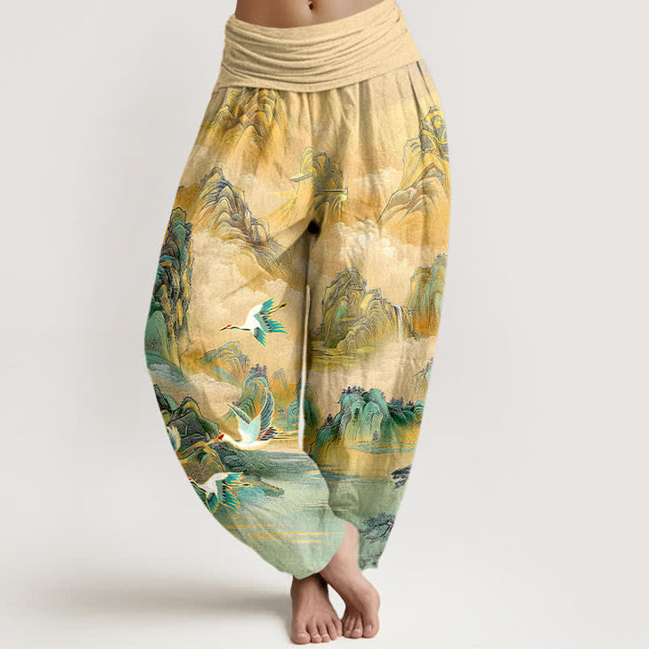 Buddha Stones Baumwoll-Haremshose mit orientalischem Landschaftsmuster und Rotkronenkranich-Motiv, elastischem Bund für Damen - Weizen - US16, UK/AU20, EU48 (3XL) - image 0