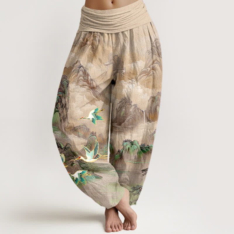 Buddha Stones Baumwoll-Haremshose mit orientalischem Landschaftsmuster und Rotkronenkranich-Motiv, elastischem Bund für Damen - Bräunen - US16, UK/AU20, EU48 (3XL) - image 5