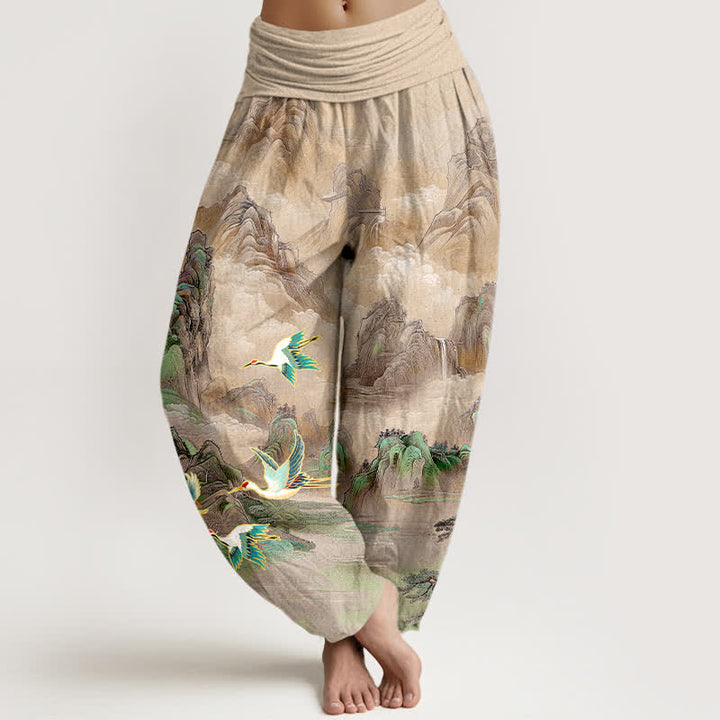 Buddha Stones Baumwoll-Haremshose mit orientalischem Landschaftsmuster und Rotkronenkranich-Motiv, elastischem Bund für Damen - Bräunen - US16, UK/AU20, EU48 (3XL) - image 5