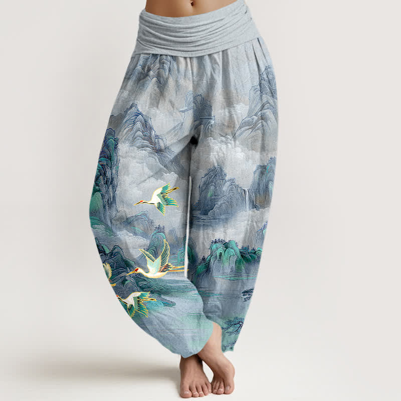 Buddha Stones Baumwoll-Haremshose mit orientalischem Landschaftsmuster und Rotkronenkranich-Motiv, elastischem Bund für Damen - Hellstahlblau - US16, UK/AU20, EU48 (3XL) - image 8