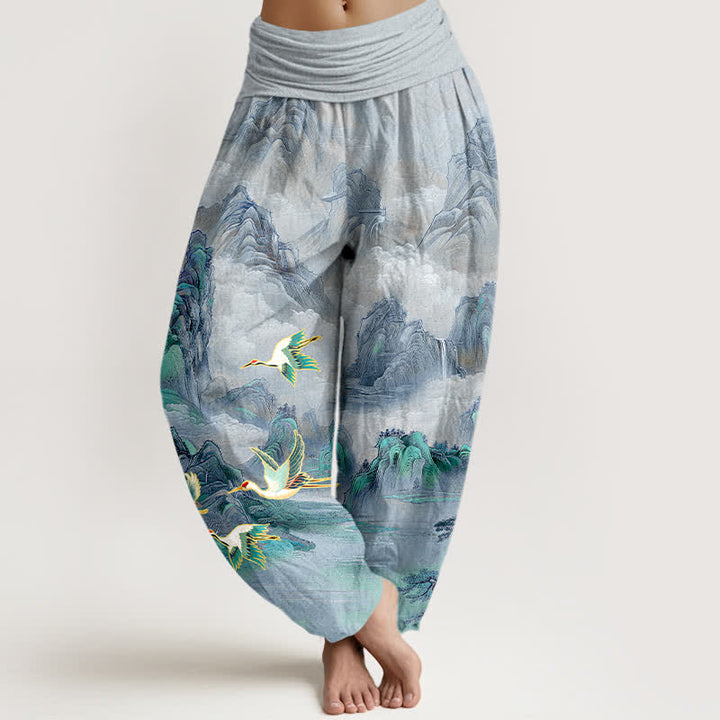 Buddha Stones Baumwoll-Haremshose mit orientalischem Landschaftsmuster und Rotkronenkranich-Motiv, elastischem Bund für Damen - Hellstahlblau - US16, UK/AU20, EU48 (3XL) - image 8