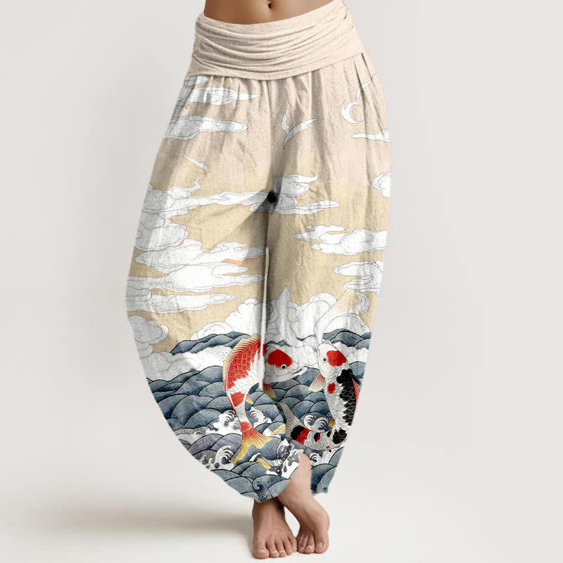 Buddha Stones Baumwoll-Haremshose mit Koi-Fisch-, Wellen- und Wolkenmuster, elastischer Bund, Damen - Beige - US16, UK/AU20, EU48 (3XL) - image 8