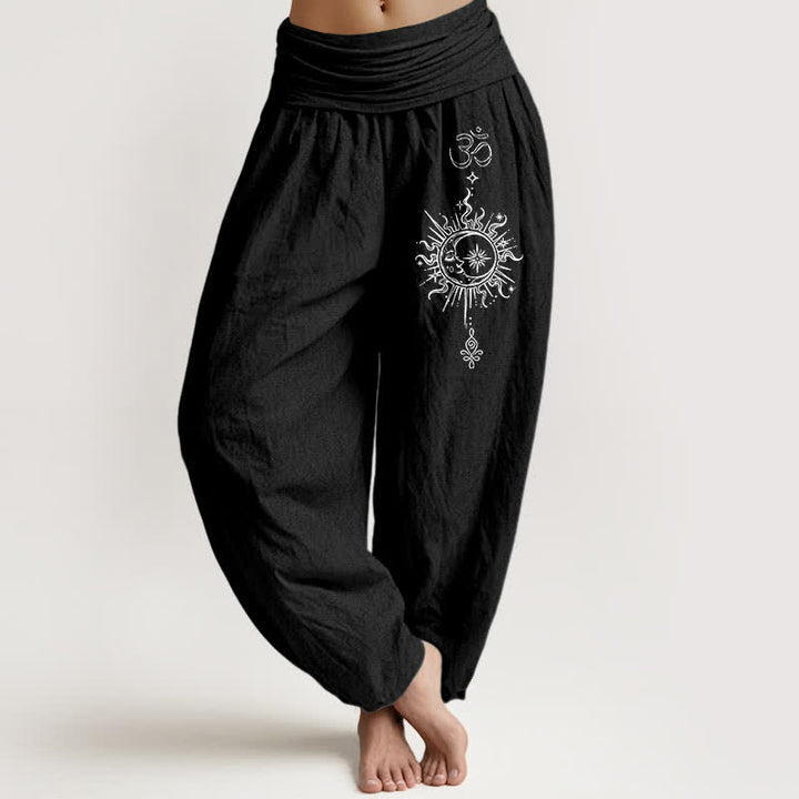 Buddha Stones Weiße Haremshose aus reiner Baumwolle mit Mandala-Om-Sonnenmuster und elastischem Bund. - Schwarz - US16, UK/AU20, EU48 (3XL) - image 5