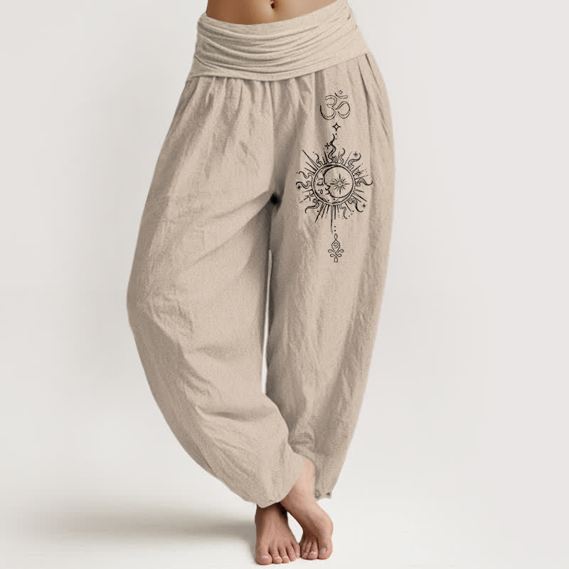 Buddha Stones Weiße Haremshose aus reiner Baumwolle mit Mandala-Om-Sonnenmuster und elastischem Bund. - Bräunen - US16, UK/AU20, EU48 (3XL) - image 14