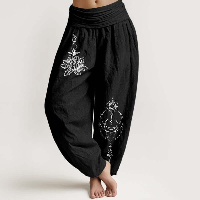Buddha Stones Damen-Haremshose aus reiner Baumwolle mit Lotus-, Mond- und Sonnenmuster, elastischem Bund - Schwarz - US16, UK/AU20, EU48 (3XL) - image 0