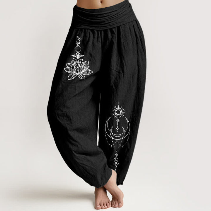 Buddha Stones Damen-Haremshose aus reiner Baumwolle mit Lotus-, Mond- und Sonnenmuster, elastischem Bund - Schwarz - US16, UK/AU20, EU48 (3XL) - image 0