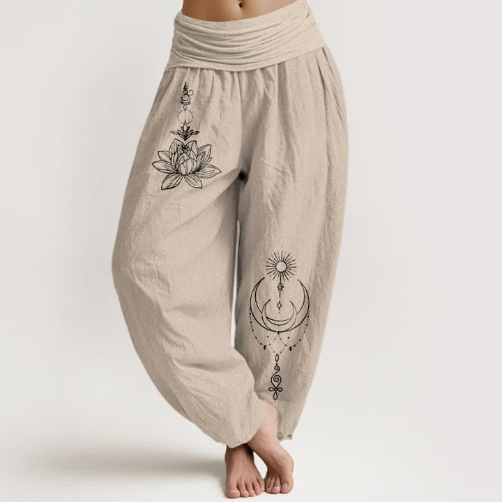 Buddha Stones Damen-Haremshose aus reiner Baumwolle mit Lotus-, Mond- und Sonnenmuster, elastischem Bund - Bräunen - US16, UK/AU20, EU48 (3XL) - image 14