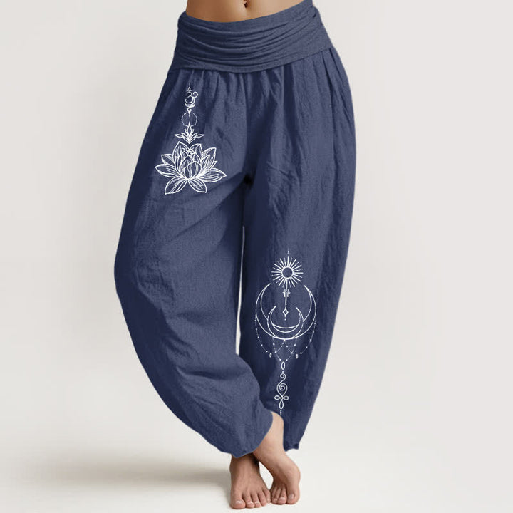 Buddha Stones Damen-Haremshose aus reiner Baumwolle mit Lotus-, Mond- und Sonnenmuster, elastischem Bund - Dunkelschieferblau - US16, UK/AU20, EU48 (3XL) - image 5