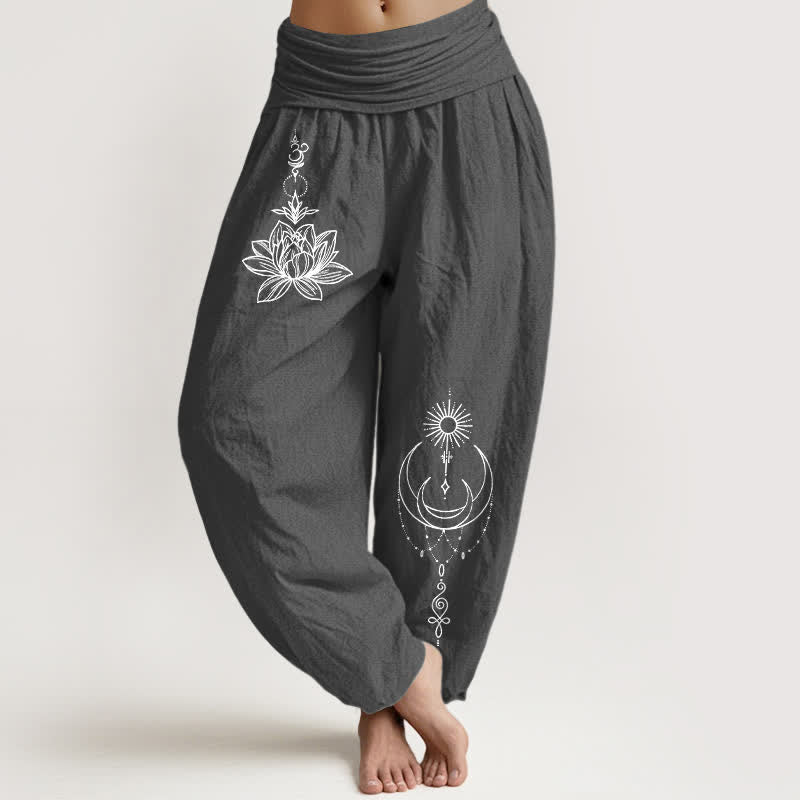 Buddha Stones Damen-Haremshose aus reiner Baumwolle mit Lotus-, Mond- und Sonnenmuster, elastischem Bund - DimGray - US16, UK/AU20, EU48 (3XL) - image 8