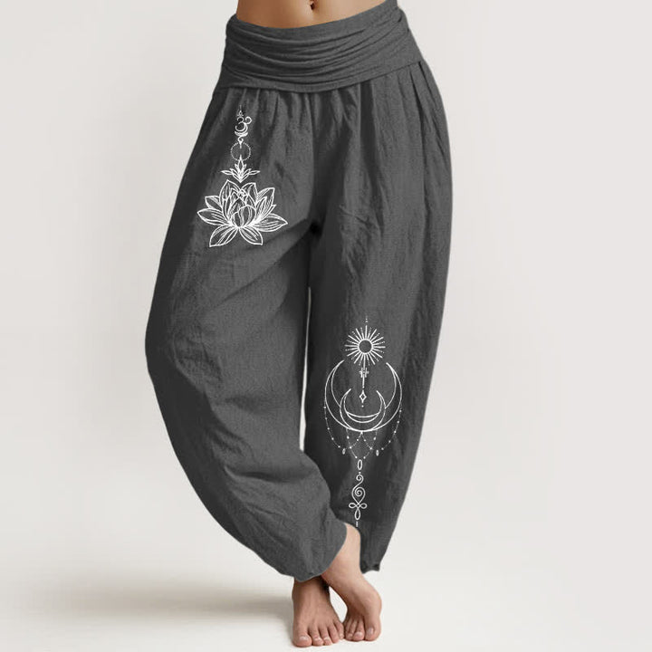 Buddha Stones Damen-Haremshose aus reiner Baumwolle mit Lotus-, Mond- und Sonnenmuster, elastischem Bund - DimGray - US16, UK/AU20, EU48 (3XL) - image 8