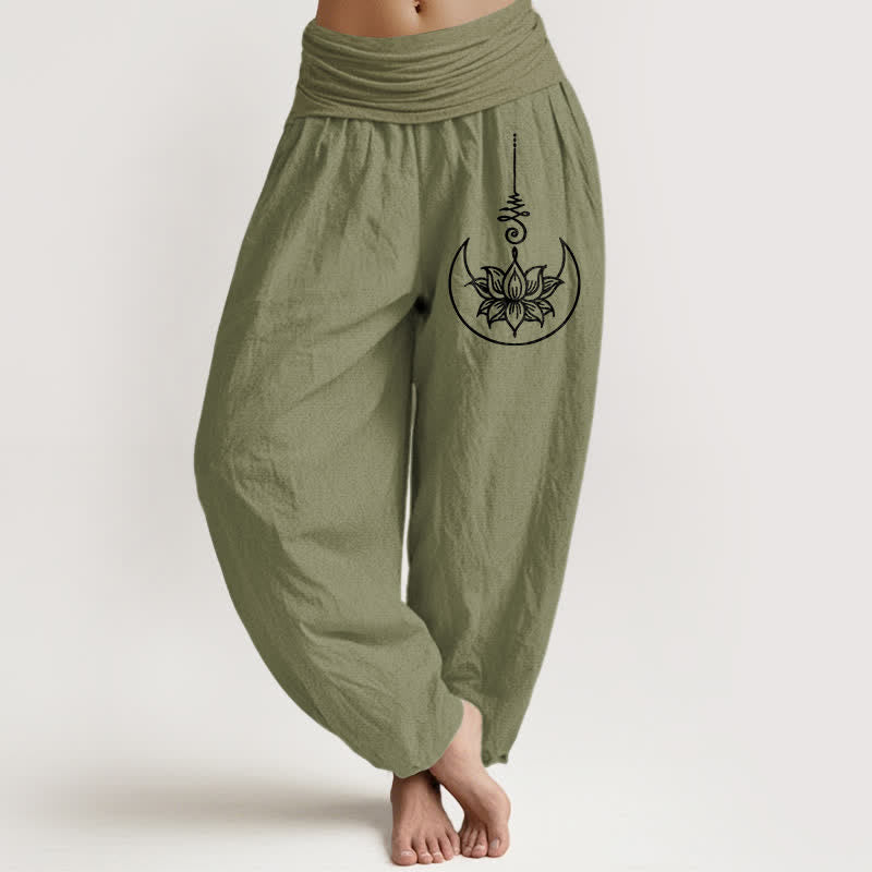 Buddha Stones Damen-Haremshose aus reiner Baumwolle mit heiligem Lotus-Mond-Muster und elastischem Bund - Olivgrün - US16, UK/AU20, EU48 (3XL) - image 11