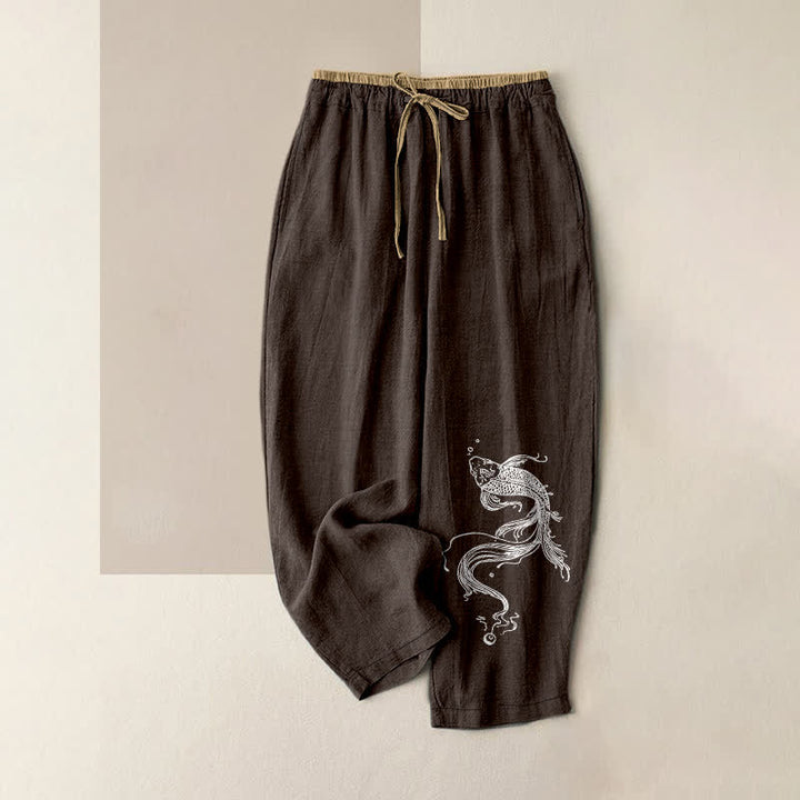 Buddha Stones Damenhose aus reiner Baumwolle mit weißem Koi-Fisch-Muster, elastischem Bund und Taschen - Sattelbraun - US16, UK/AU20, EU48 (3XL) - image 5