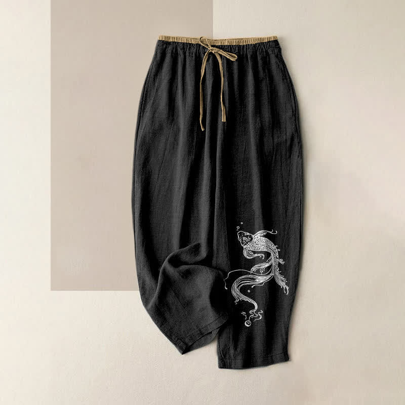 Buddha Stones Damenhose aus reiner Baumwolle mit weißem Koi-Fisch-Muster, elastischem Bund und Taschen - Schwarz - US16, UK/AU20, EU48 (3XL) - image 4