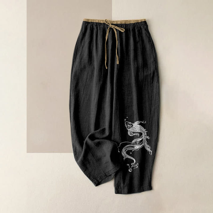 Buddha Stones Damenhose aus reiner Baumwolle mit weißem Koi-Fisch-Muster, elastischem Bund und Taschen - Schwarz - US16, UK/AU20, EU48 (3XL) - image 4