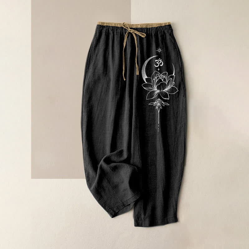 Buddha Stones Damenhose aus reiner Baumwolle mit Lotus-Mond-Om-Muster, elastischem Bund und Taschen - Schwarz - US16, UK/AU20, EU48 (3XL) - image 0