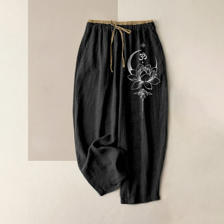 Buddha Stones Damenhose aus reiner Baumwolle mit Lotus-Mond-Om-Muster, elastischem Bund und Taschen - Schwarz - US16, UK/AU20, EU48 (3XL) - image 0