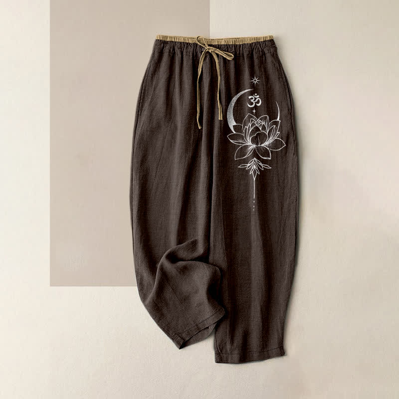 Buddha Stones Damenhose aus reiner Baumwolle mit Lotus-Mond-Om-Muster, elastischem Bund und Taschen - Sattelbraun - US16, UK/AU20, EU48 (3XL) - image 4