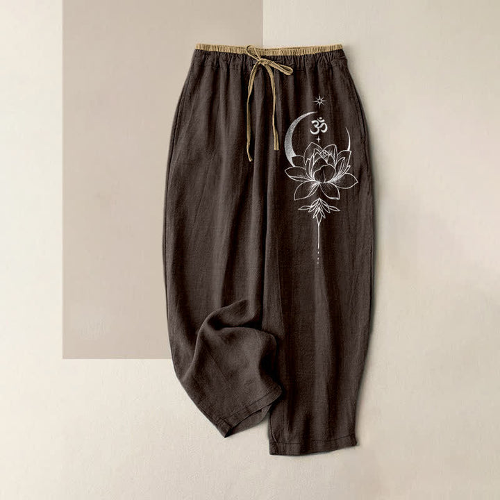 Buddha Stones Damenhose aus reiner Baumwolle mit Lotus-Mond-Om-Muster, elastischem Bund und Taschen - Sattelbraun - US16, UK/AU20, EU48 (3XL) - image 4