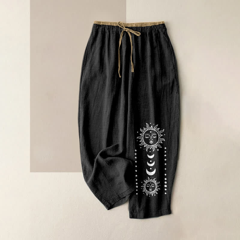 Buddha Stones Damenhose aus reiner Baumwolle mit mystischem Sonnengesicht-Muster, elastischem Bund und Taschen - Schwarz - US16, UK/AU20, EU48 (3XL) - image 0