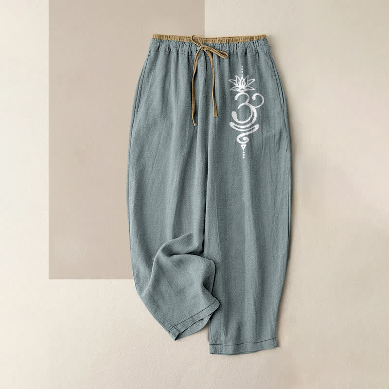 Buddha Stones Damenhose aus reiner Baumwolle mit spirituellem Om-Lotus-Muster, elastischem Bund und Taschen - Hellblau - US16, UK/AU20, EU48 (3XL) - image 5