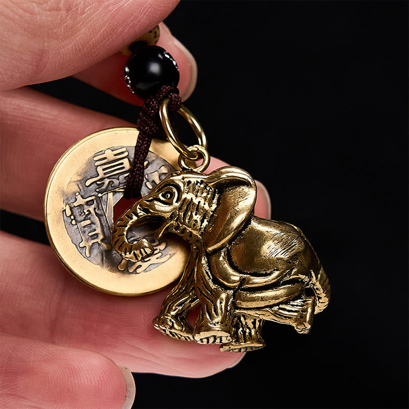 Buddha Stones Vintage Schlüsselanhänger mit Elefantenmotiv aus Messing und fünf Kaisermünzen als Glücksbringer - image 14