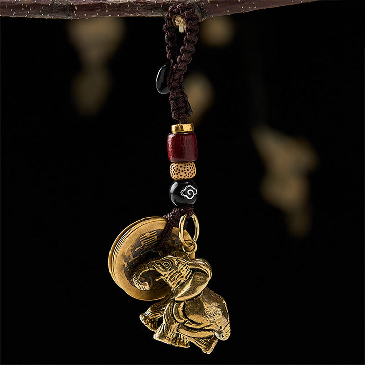 Buddha Stones Vintage Schlüsselanhänger mit Elefantenmotiv aus Messing und fünf Kaisermünzen als Glücksbringer - Elefant mit Glückswolkenkordel und fünf Kaisermünzen - image 10