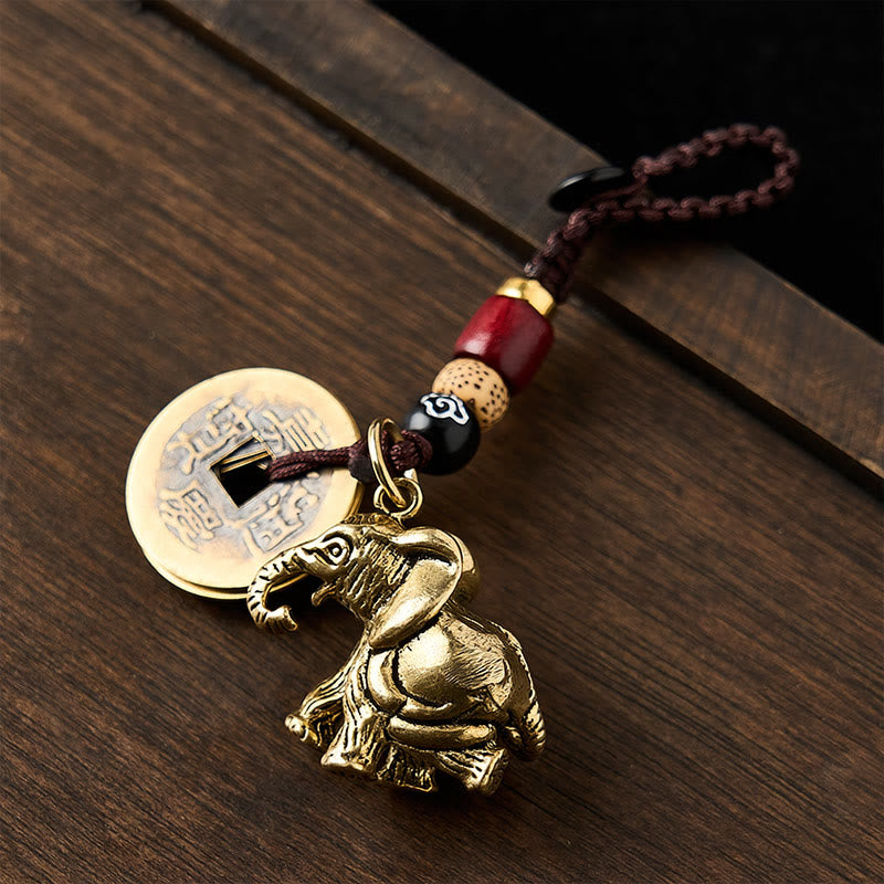 Buddha Stones Vintage Schlüsselanhänger mit Elefantenmotiv aus Messing und fünf Kaisermünzen als Glücksbringer - image 11