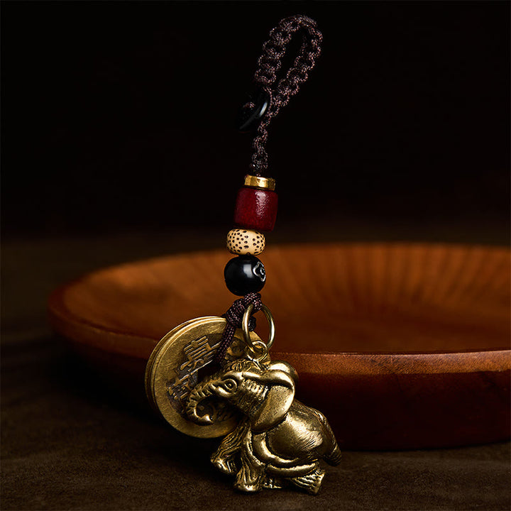 Buddha Stones Vintage Schlüsselanhänger mit Elefantenmotiv aus Messing und fünf Kaisermünzen als Glücksbringer - image 12