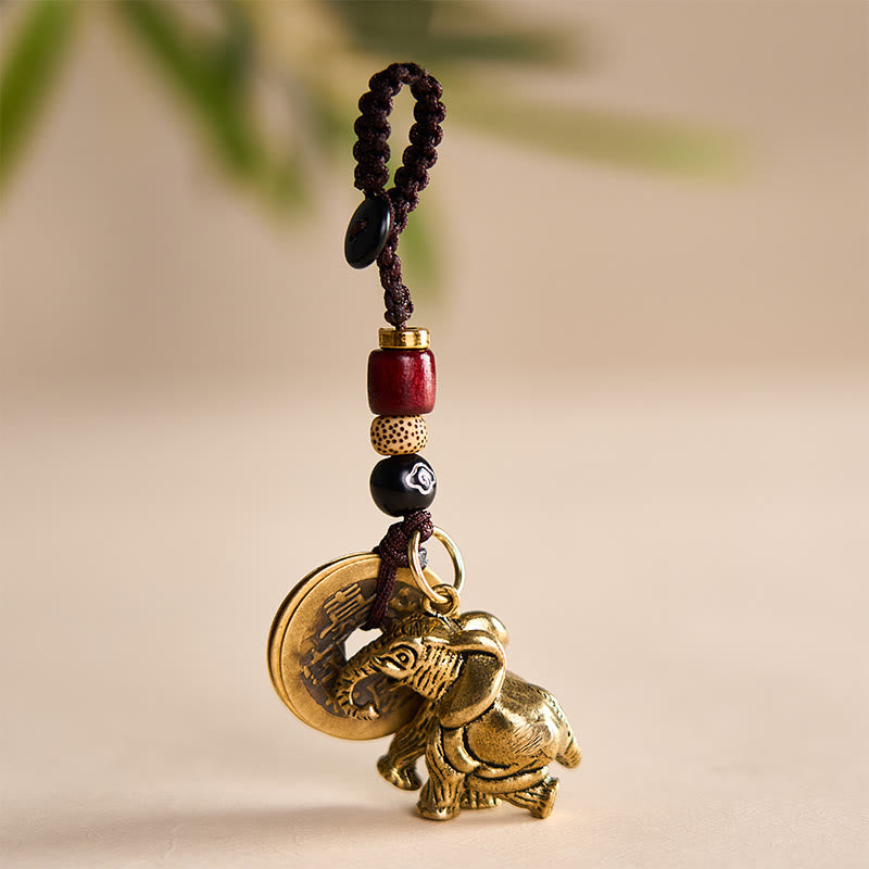 Buddha Stones Vintage Schlüsselanhänger mit Elefantenmotiv aus Messing und fünf Kaisermünzen als Glücksbringer - image 13