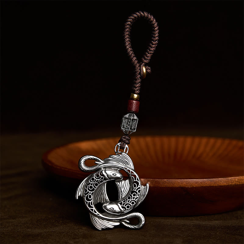 Buddha Stones Vintage-Schlüsselanhänger aus Kupfer mit Doppel-Koi-Fisch-Motiv und Symbol der Entschlossenheit - Doppelter Koi-Fisch - image 0