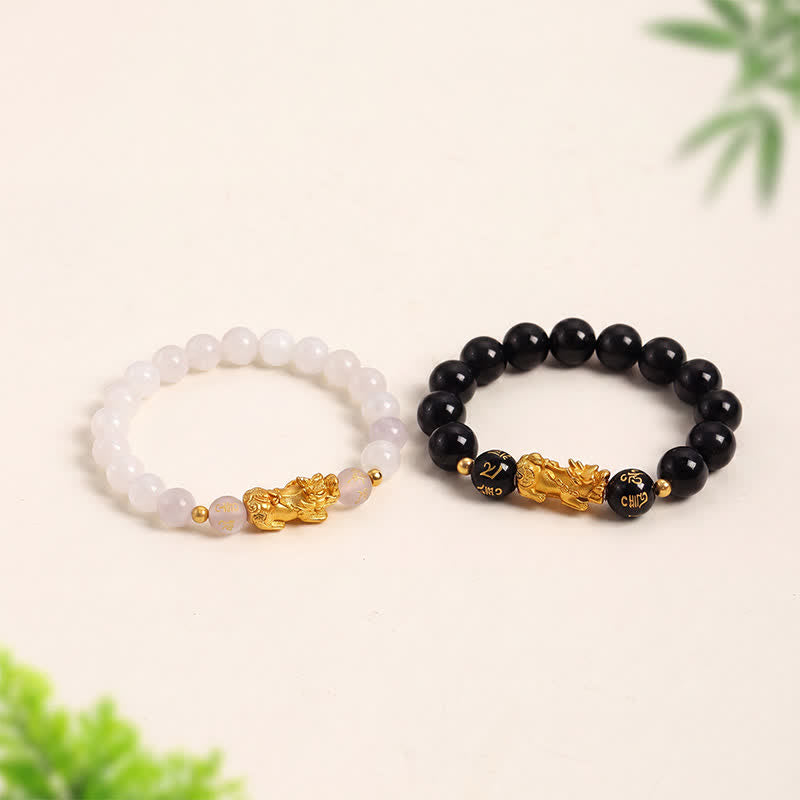 Buddha Stones Schwarzes Obsidian-Chalcedon-Pi-Xiu-Om-Mani-Padme-Hum-Reinigungsarmband - image 11