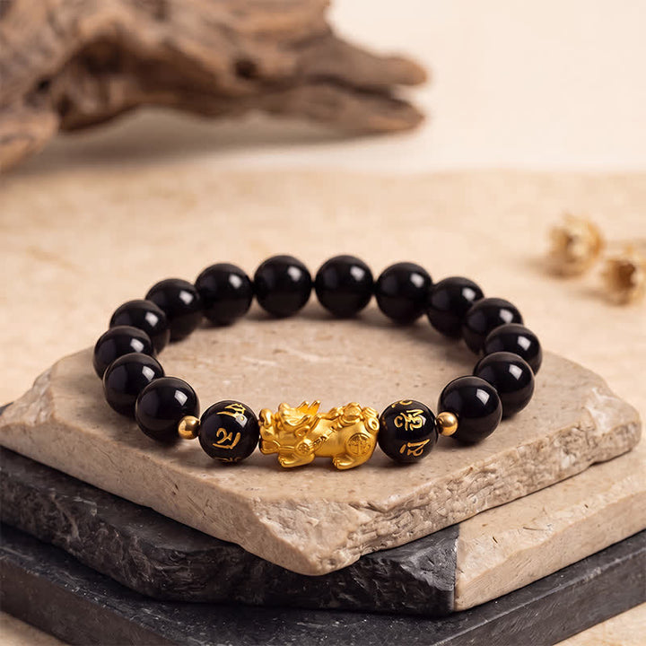 Buddha Stones Schwarzes Obsidian-Chalcedon-Pi-Xiu-Om-Mani-Padme-Hum-Reinigungsarmband - Schwarzer Obsidian (Schutz ♥ Erdung) - image 0