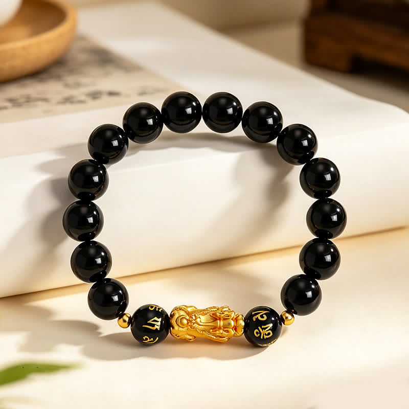 Buddha Stones Schwarzes Obsidian-Chalcedon-Pi-Xiu-Om-Mani-Padme-Hum-Reinigungsarmband - image 1
