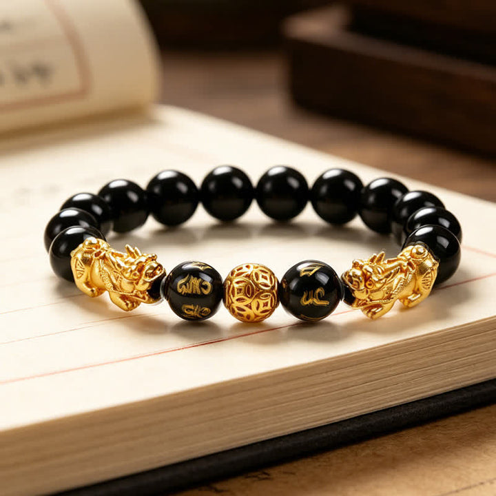 Buddha Stones Schwarzes Obsidian-Kupfer-Armband mit doppeltem Pi Xiu Om Mani Padme Hum Weisheitssymbol - Golden - image 0