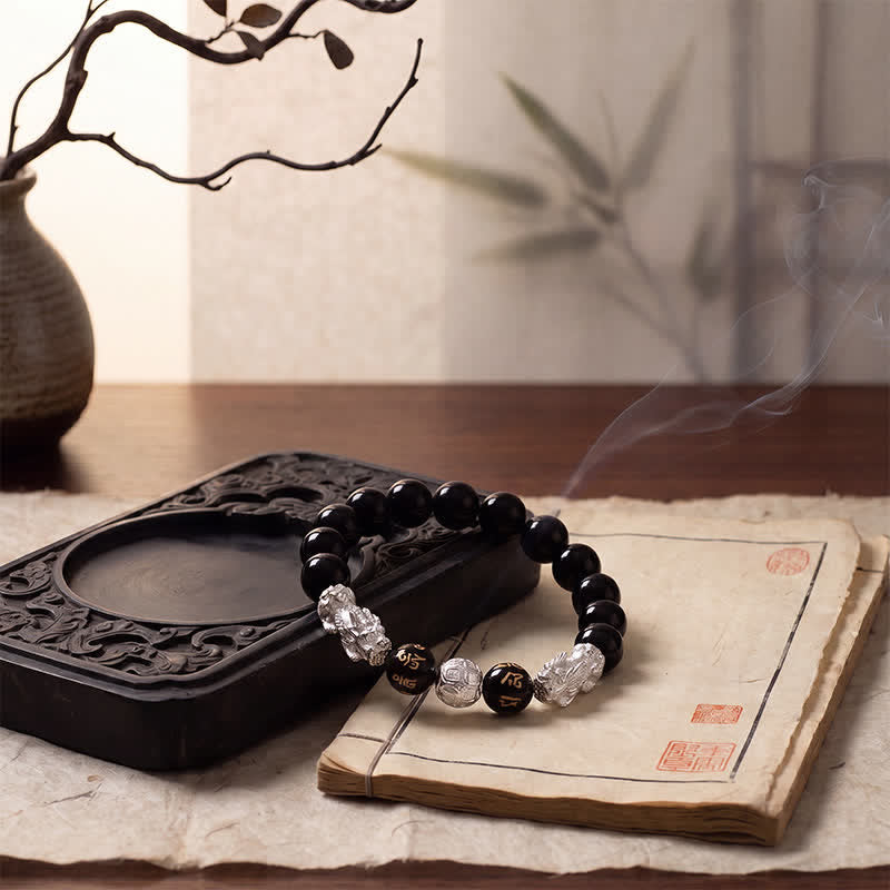 Buddha Stones Schwarzes Obsidian-Kupfer-Armband mit doppeltem Pi Xiu Om Mani Padme Hum Weisheitssymbol - image 12