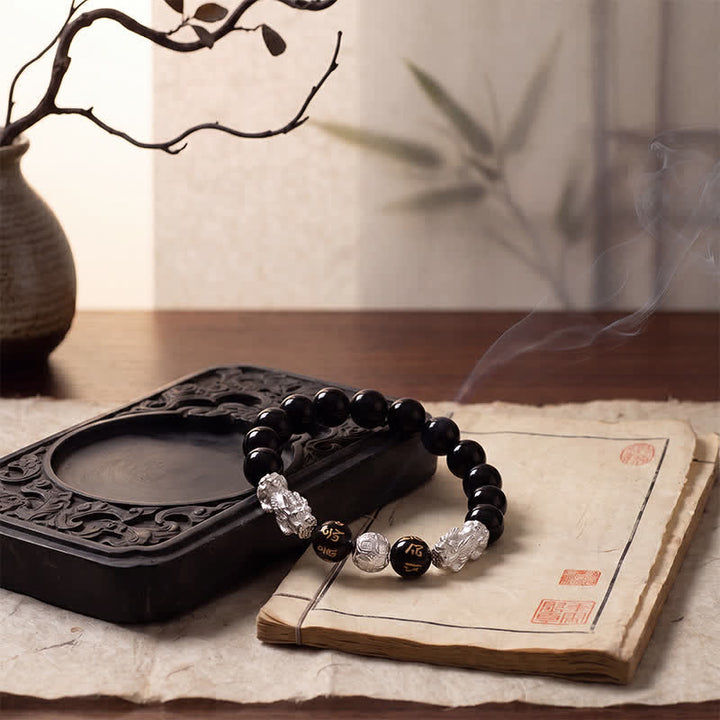 Buddha Stones Schwarzes Obsidian-Kupfer-Armband mit doppeltem Pi Xiu Om Mani Padme Hum Weisheitssymbol - image 12