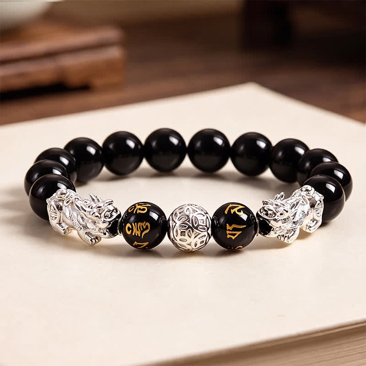 Buddha Stones Schwarzes Obsidian-Kupfer-Armband mit doppeltem Pi Xiu Om Mani Padme Hum Weisheitssymbol - Silbrig - image 9