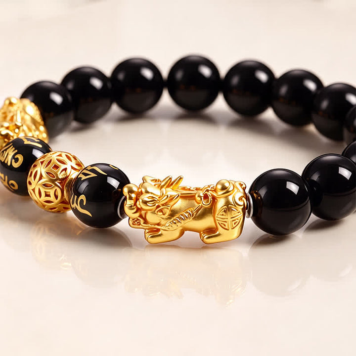 Buddha Stones Schwarzes Obsidian-Kupfer-Armband mit doppeltem Pi Xiu Om Mani Padme Hum Weisheitssymbol - image 2