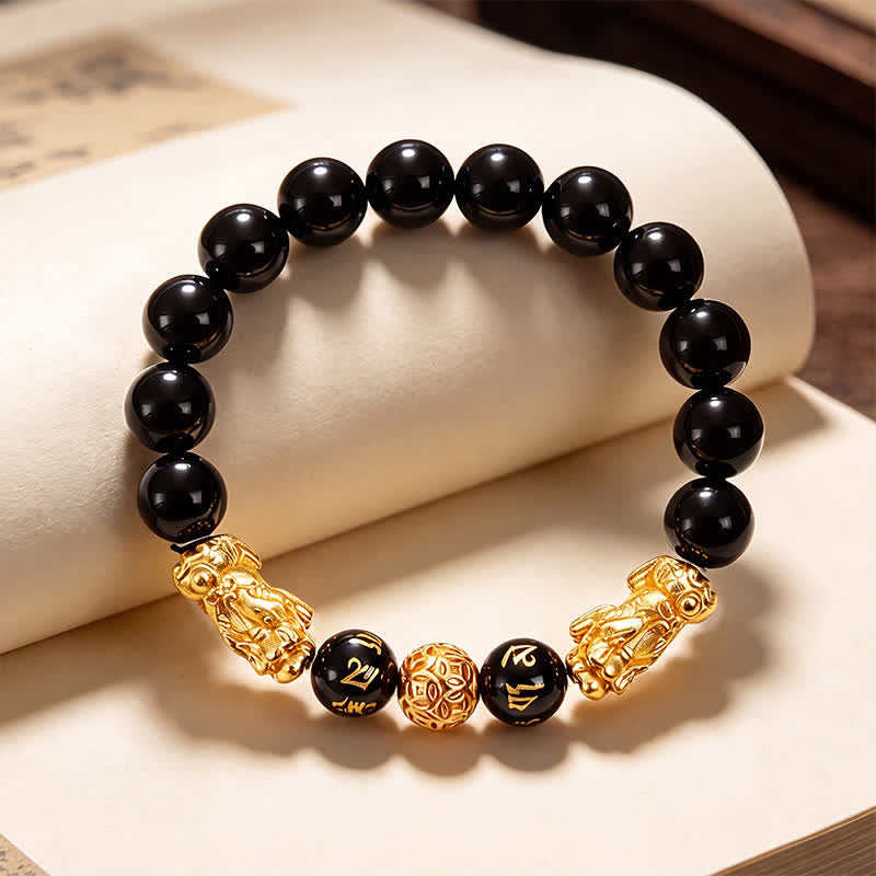 Buddha Stones Schwarzes Obsidian-Kupfer-Armband mit doppeltem Pi Xiu Om Mani Padme Hum Weisheitssymbol - image 1