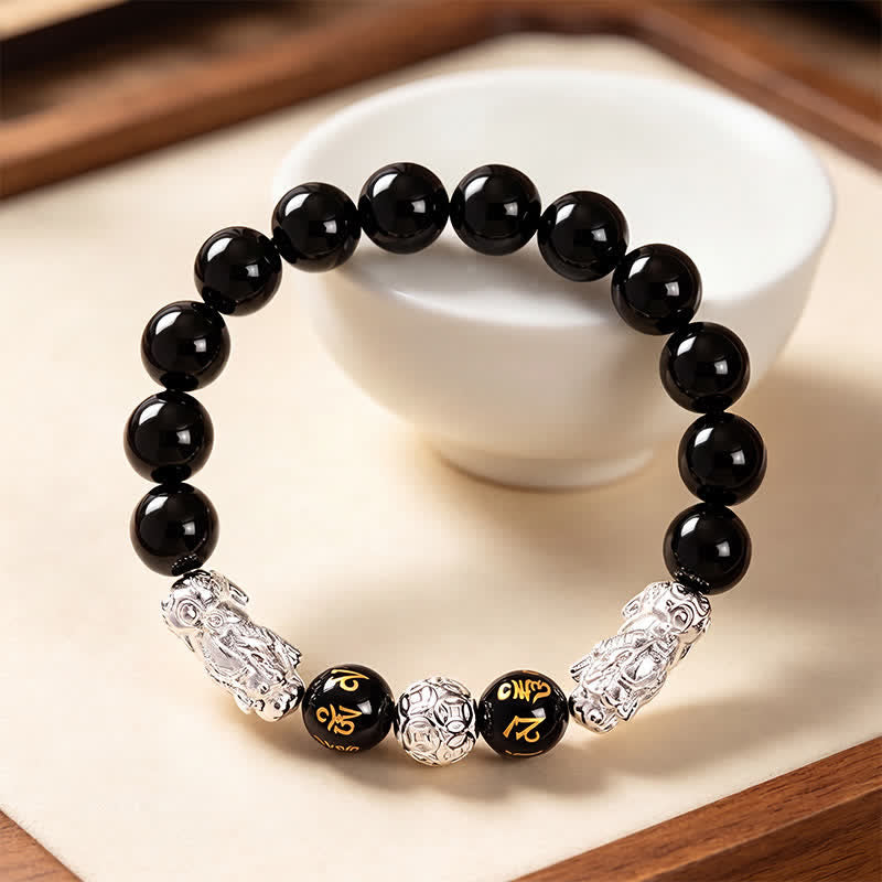 Buddha Stones Schwarzes Obsidian-Kupfer-Armband mit doppeltem Pi Xiu Om Mani Padme Hum Weisheitssymbol - image 11