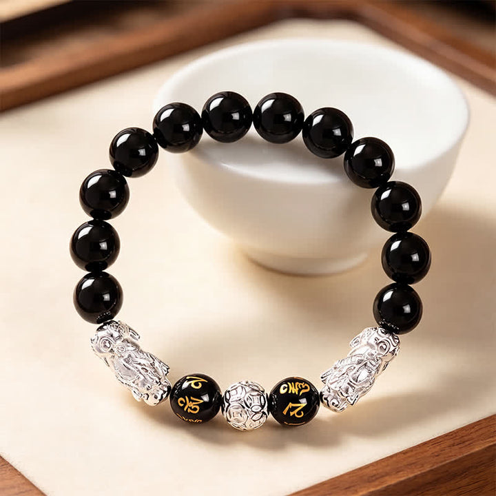 Buddha Stones Schwarzes Obsidian-Kupfer-Armband mit doppeltem Pi Xiu Om Mani Padme Hum Weisheitssymbol - image 11