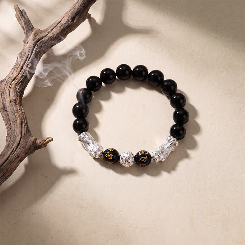 Buddha Stones Schwarzes Obsidian-Kupfer-Armband mit doppeltem Pi Xiu Om Mani Padme Hum Weisheitssymbol - image 10