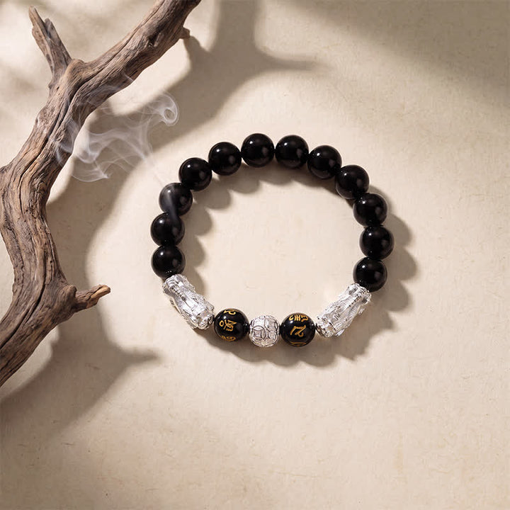 Buddha Stones Schwarzes Obsidian-Kupfer-Armband mit doppeltem Pi Xiu Om Mani Padme Hum Weisheitssymbol - image 10