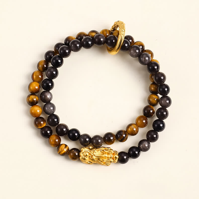 Buddha Stones Tigerauge Silberglanz Obsidian Pi Xiu Doppelwickel-Armband für Glück und Wohlstand - Tigerauge Gold Pi Xiu - image 2