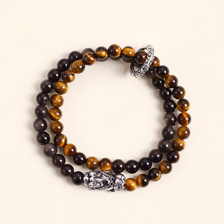 Buddha Stones Tigerauge Silberglanz Obsidian Pi Xiu Doppelwickel-Armband für Glück und Wohlstand - Tigerauge Silber Pi Xiu - image 4