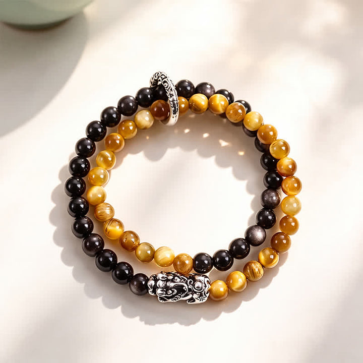 Buddha Stones Tigerauge Silberglanz Obsidian Pi Xiu Doppelwickel-Armband für Glück und Wohlstand - Gelbes Tigerauge, Silberner Pi Xiu - image 3