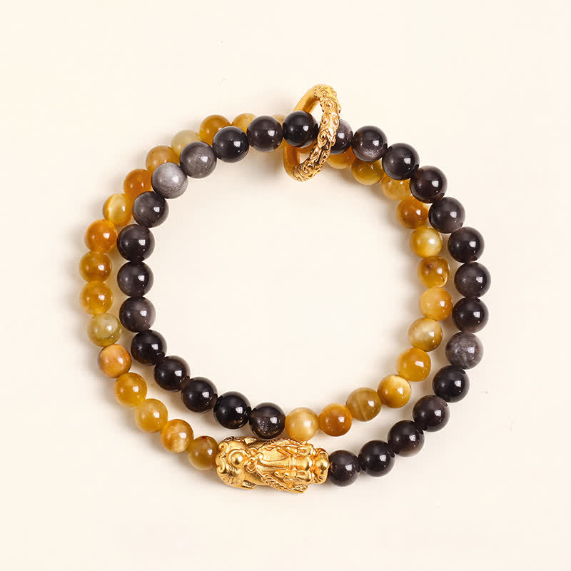 Buddha Stones Tigerauge Silberglanz Obsidian Pi Xiu Doppelwickel-Armband für Glück und Wohlstand - image 1